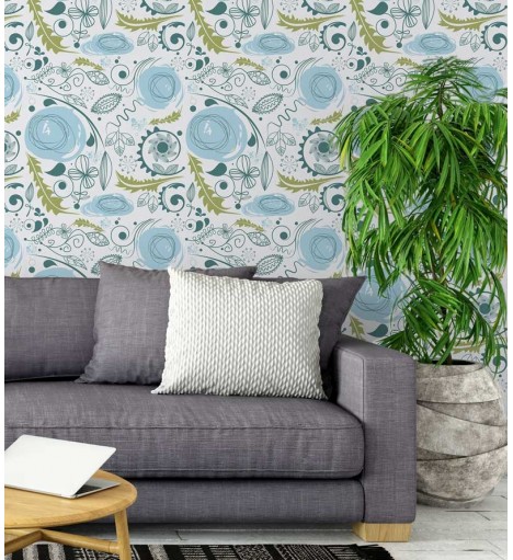 Papel de parede floral, flores azuis com detalhes em azul petróleo e folhagem verde - Floral 59