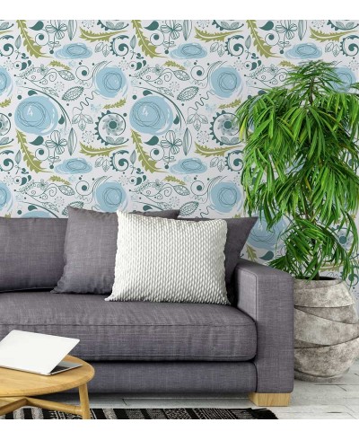 Papel de parede floral, flores azuis com detalhes em azul petróleo e folhagem verde - Floral 59