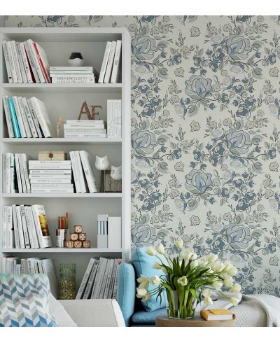 Papel de parede com fundo bege claro, e desenhos em tons de azul e cinza - Floral 95