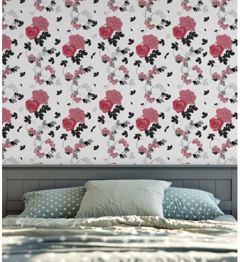 Papel de parede com fundo cinza claro, desenhos em rosa, preto, cinza e branco - Floral 103