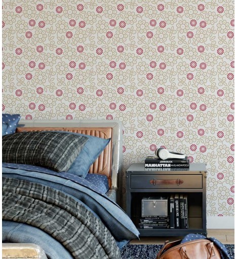 Papel de parede com fundo bege claro e desenhos em tons de rosa e bege escuro - Floral 105