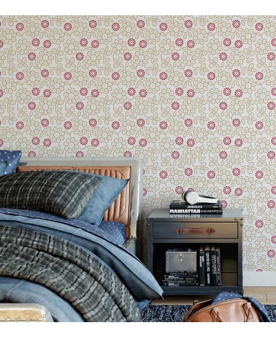 Papel de parede com fundo bege claro e desenhos em tons de rosa e bege escuro - Floral 105