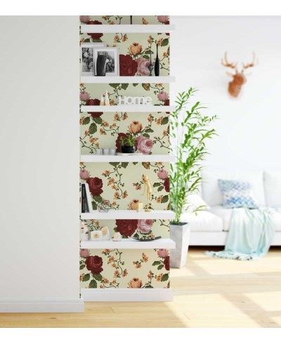 Papel de parede com flores vermelhas e rosas, folhagem verde com detalhes em laranja, fundo em tons de verde - Floral 33