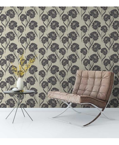 Papel de parede floral nos tons de cinza escuro, fundo em tons de bege