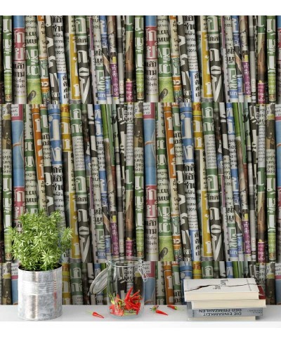 Papel de parede no modelo jornal dobrado, em cores variadas, azul, laranja, vermelho, verde, preto - Jornal 14