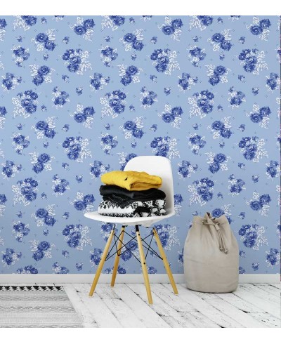 Papel de parede com flores em tons de azul marinho, folhagem em branco e azul petróleo - Luxury 05