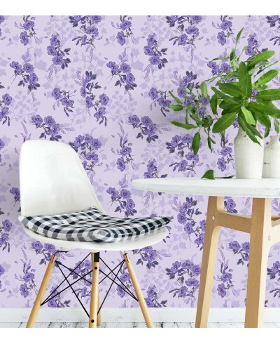 Papel de parede com flores em roxo e tons roxos, fundo roxo e folhagem verde musgo - Luxury 08