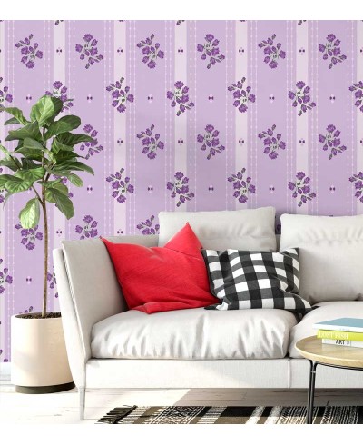 Papel de parede flores em roxo com folhagem em verde musgo, detalhes em rosa - Luxury 12