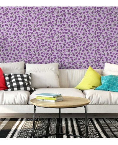Papel de parede com flores em roxo detalhes verde musgo, fundo em rosa - Luxury 13