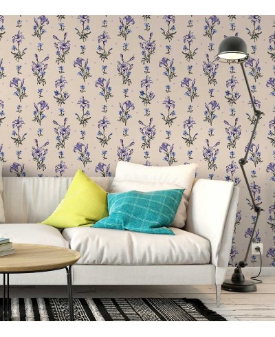 Papel de parede em tons de azul, roxo e cinza, com folhagem em marrom e cinza, fundo nude - Luxury 15
