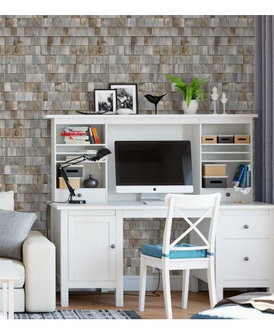 Papel de parede estilo madeira, modelo mosaico com madeira velhas em tons de cinza, marrom e bege - Madeira 06