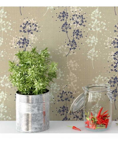 Papel de parede com fundo na cor areia e desenhos em tons azul marinho e marfim - Nature 08