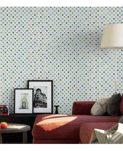 Papel de parede poá com fundo branco claro e desenhos em tons verde e azul - Poá 37