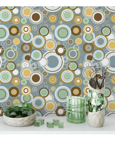 Papel de parede com fundo cinza e detalhes amarelo, verde, azul e branco - Retro 11