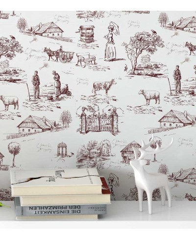 Papel de parede com fundo branco e desenhos em tons vinho - Toile 02