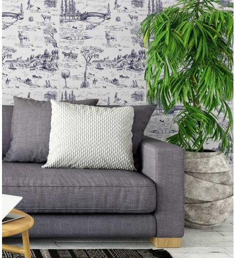 Papel de parede com fundo branco e desenhos em tons azul marinho - Toile 05