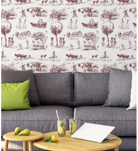 Papel de parede com fundo branco e desenhos em tons bordo - Toile 06