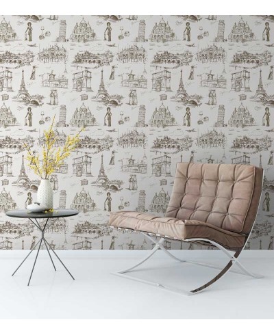 Papel de parede com fundo branco e desenhos em tons cinza