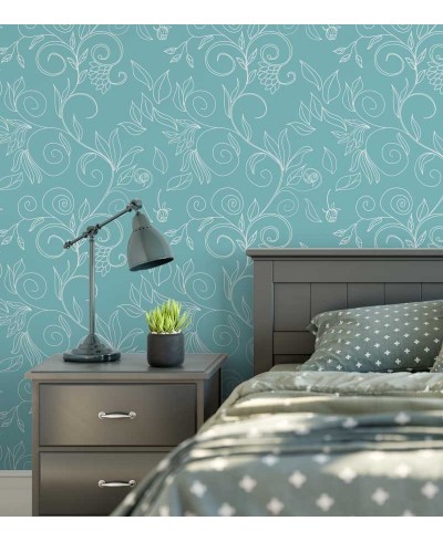 Papel de parede azul turquesa com floral delicado em branco - Turquesa 03