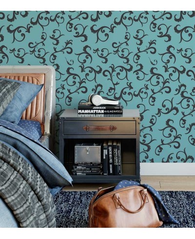 Papel de parede com fundo azul tifany e com floral em preto - Turquesa 07