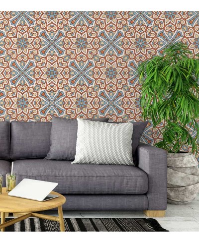 Papel de Parede Mandala com fundo em mosaico desenhado nas cores azul, laranja, branco e bege.