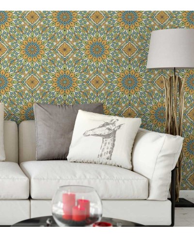 Papel de Parede Mandala com fundo em mosaico desenhado nas cores azul, amarelo, verde e branco.