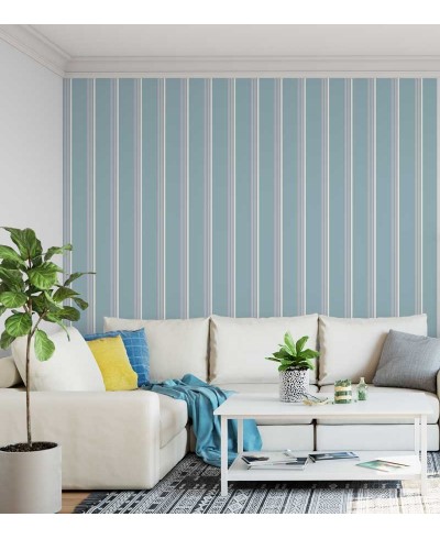 Papel de parede listrado azul, rosa bebê e branco