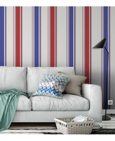 Papel de parede listrado azul, branco e vermelho