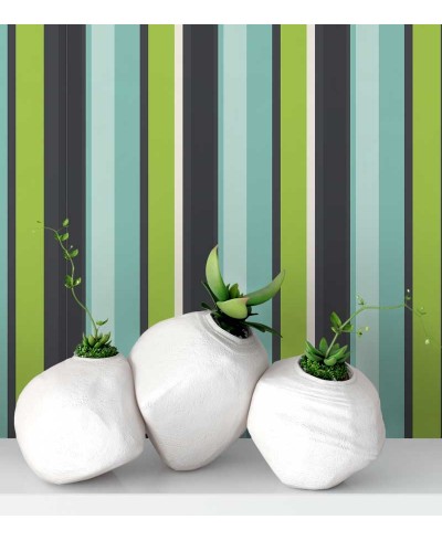 Papel de parede listrado verde, azul, branco e cinza escuro