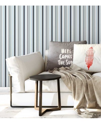 Papel de parede listrado azul, cinza escuro e branco