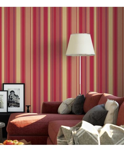 Papel de parede com listras em tons de vermelho, amarelo, roxo e bege - Listrado 48