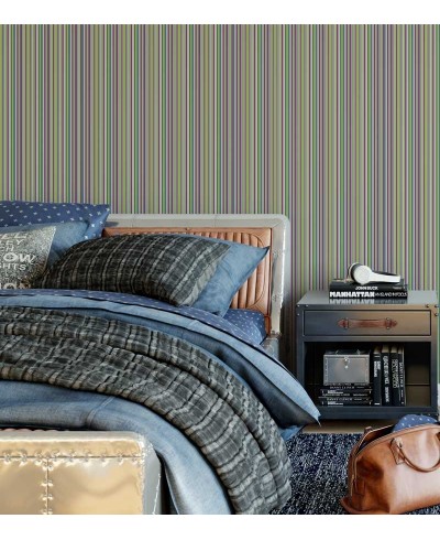 Papel de parede com listras em tons de verde, branco, cinza e roxo - Listrado 69