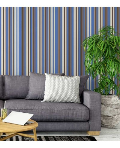 Papel de parede com listras em tons de marrom, azul, branco e bege - Listrado 130