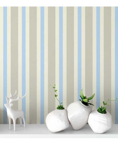 Papel de parede listrado em tons cinza creme e azul - Listrado 1025