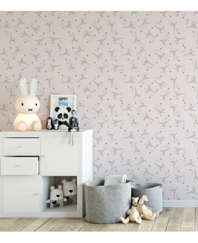 Papel de parede com fundo rosa claro e detalhes em branco e tons de rosa - Infantil 140