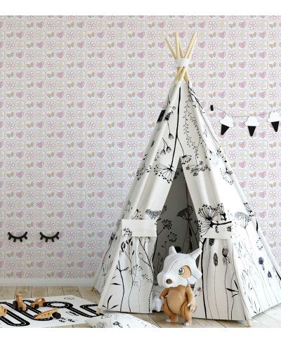 Papel de parede com fundo rosa claro, com quadrados em brancos flores e borboletas em tons de azul - 143