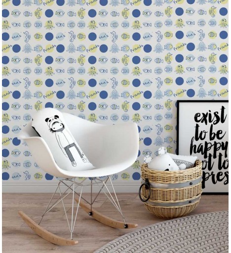 Papel de parede com fundo branco, e detalhes em azul escuro, amarelo, cinza e azul claro - Infantil 130