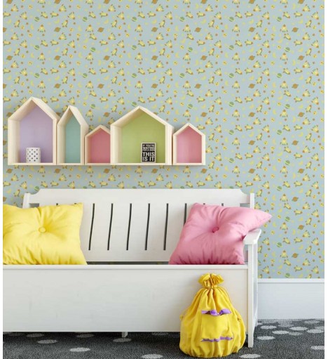 Papel de parede infantil azul com naves espaciais e planetas - Infantil 149