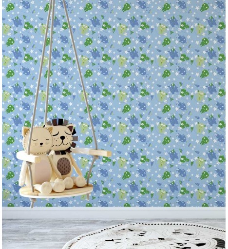 Papel de parede infantil azul com detalhes em verde e branco - Infantil 150