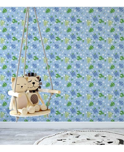 Papel de parede infantil azul com detalhes em verde e branco - Infantil 150