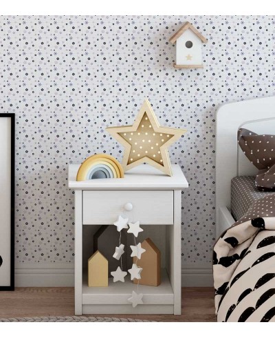 Papel de parede com fundo branco e pequenos detalhes em cinza e azul - Infantil 19