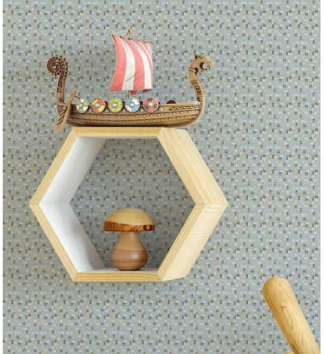 Papel de parede com fundo azul claro e detalhes em cinza claro, marrom e areia - Infantil 44