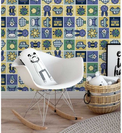 Papel de parede em tons de amarelo, azul, verde e branco - Infantil 76