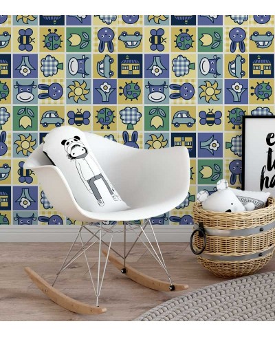 Papel de parede em tons de amarelo, azul, verde e branco - Infantil 76