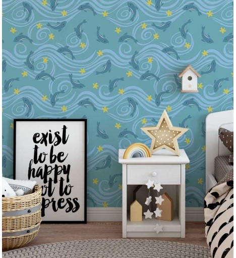 Papel de parede em tons de azul e amarelo - Infantil 77