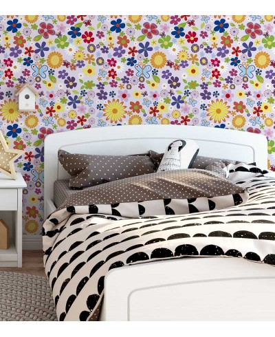 Papel de parede com fundo rosa e desenhos em amarelo, laranja, vermelho, verde, azul, branco, preto, roxo e bordo - infantil 85