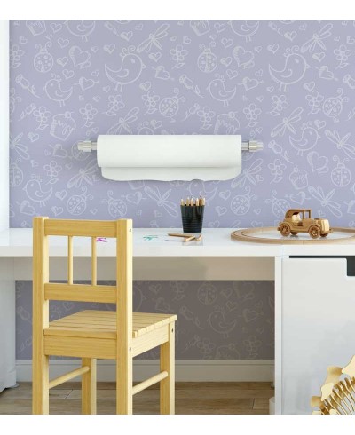Papel de parede com fundo em tom de roxo e desenhos em cinza - Infantil 92