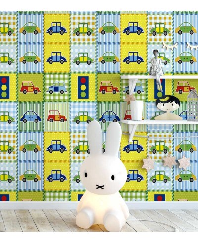 Papel de parede em tom de azul, verde, amarelo, preto, cinza e laranja - Infantil 98