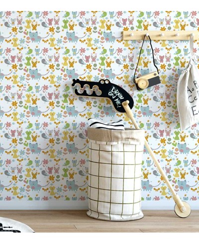 Papel de parede nas cores azul, laranja, amarelo, cinza, rosa e verde, com fundo branco - Infantil 155