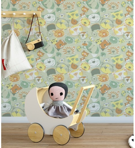 Papel de parede em tons verde, laranja, amarelo e detalhes brancos - Infantil 159